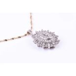 A white gold and diamond cluster pendant, set with round-cut and tapered baguette-cut diamonds, in