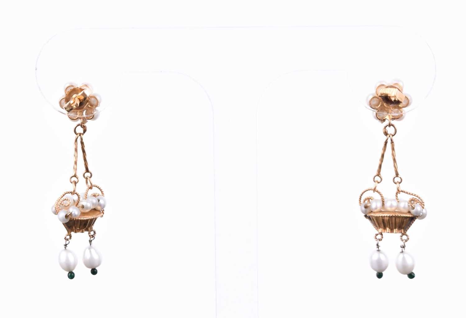 A pair of yellow metal and pearl earrings, formed as hanging baskets, set with cultured pearls, - Image 2 of 2