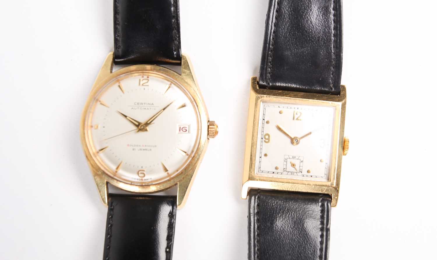 A 1950s 18ct gold mechanical wristwatch, with square silvered dial and gilt numerals, in an 18ct - Image 2 of 4