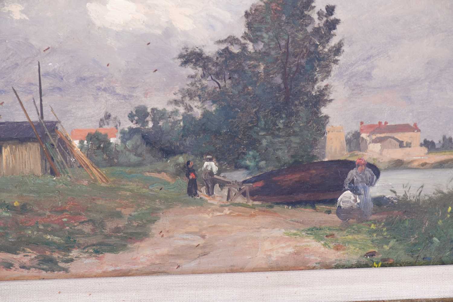 Attributed to Charles Joseph Beauverie (1839-1924) French, a rural scene with figures and boat - Image 2 of 5