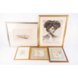 A group of assorted pictures including a charcol portrait of a lady by Thurston, a pencil sketch