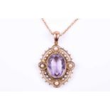 A yellow gold, pearl, and amethyst pendant, set with a mixed oval-cut amethyst within an oval border