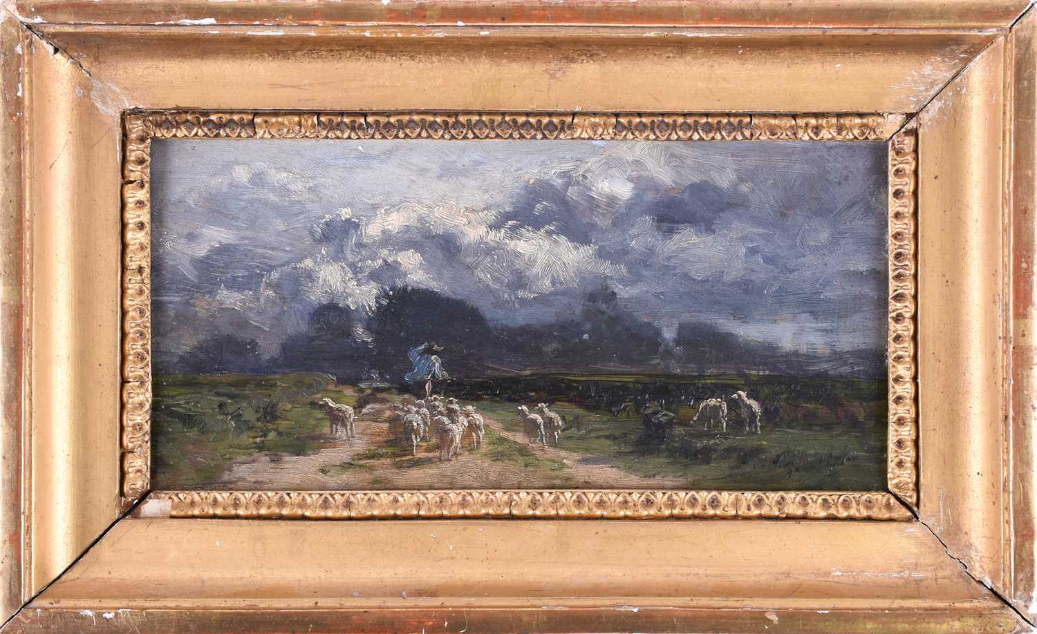 Albert Charpin (1842-1924) Barbizon school, a shepherd with his flock under stormy skies, oil on