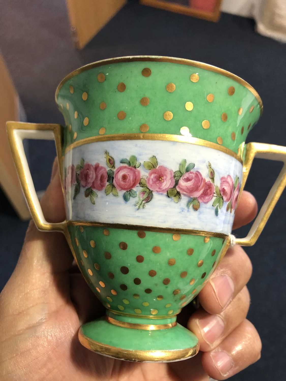 A late 18th century Serves two handled cup, with a raised central band decorated with roses and - Image 12 of 14