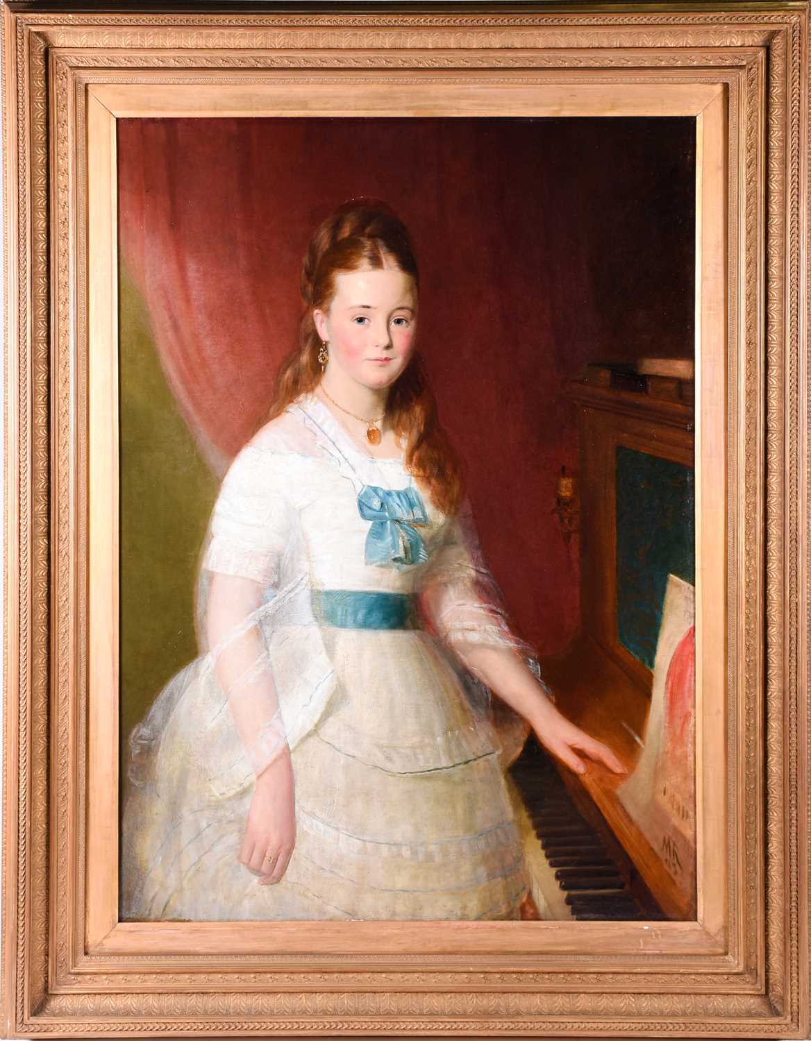 19th century English School, a portrait of a young woman, in a white lace dress with blue ribbons,