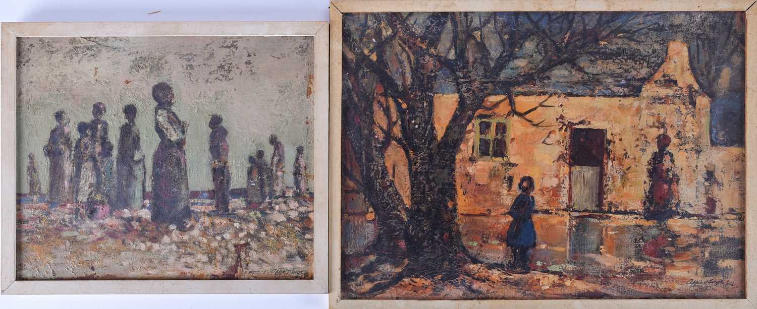 Appie Van Wyk (20th century), two oils on board, depicting figures in landscapes, signed and