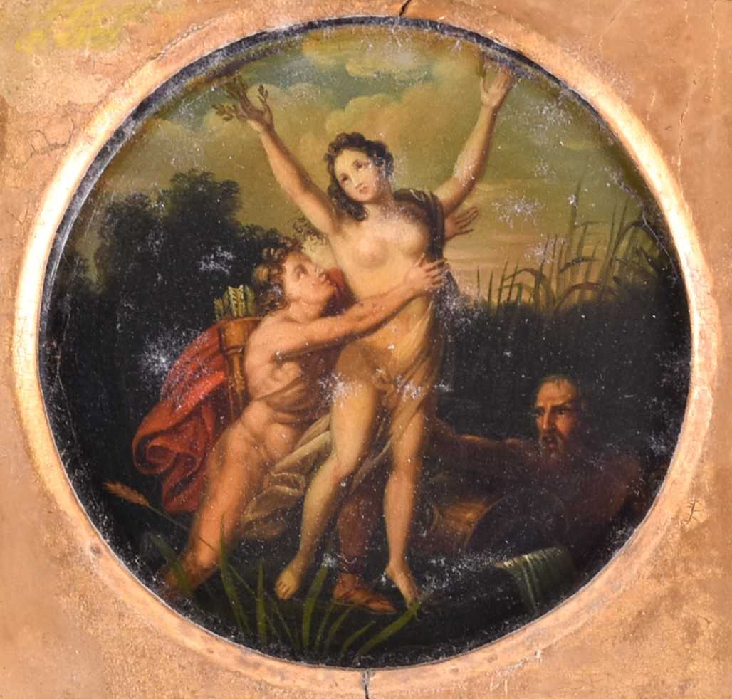 A 19th century study of Classical figures, oil on papier maché box cover, titled 'Daphne' verso, 9.5 - Image 2 of 3