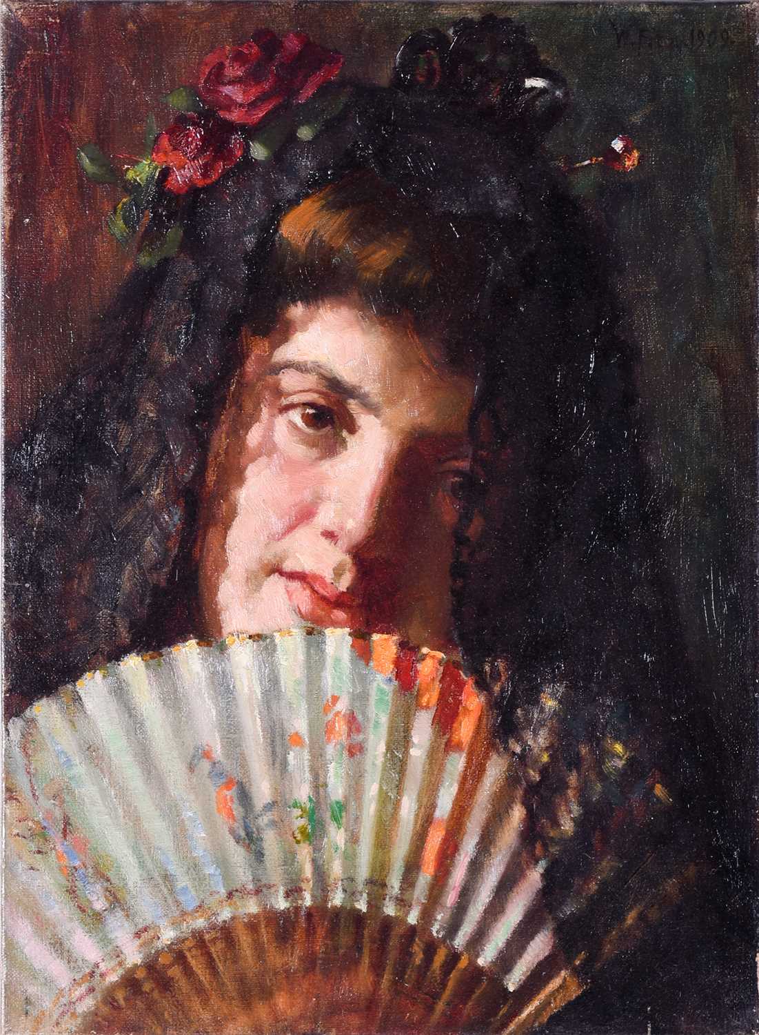 William Fitz (fl. 1880-1915), British, 'A Fair Castillian', a portrait of a lady holding a fan,