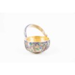 A small Russian silver and cloisonné enamel swing-handle basket, impressed marks to rim, 10 cm