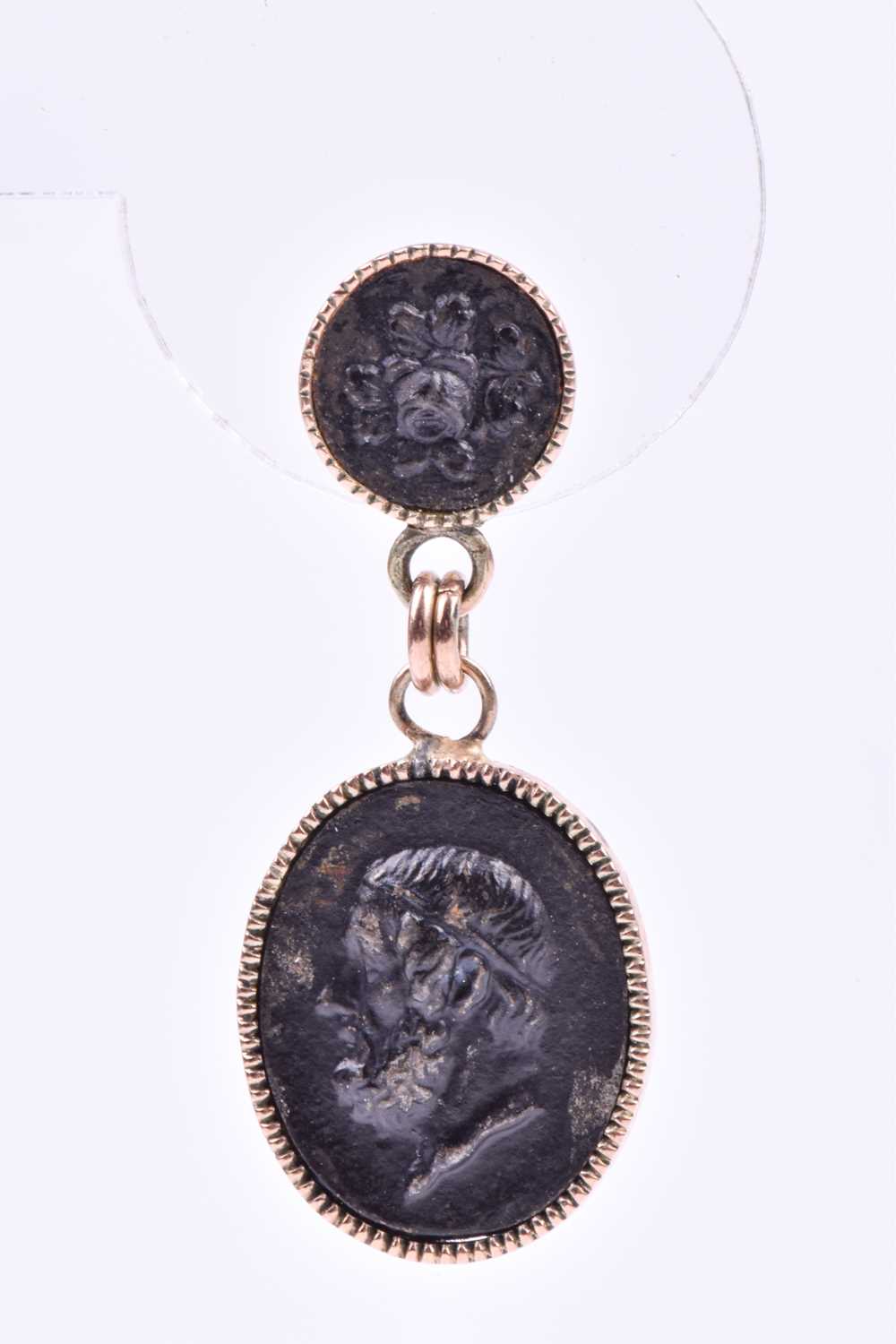 A pair of yellow metal cameo drop earrings, each set with an oval metallic cameo depicting a - Image 3 of 5