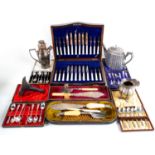 A mixed collection of silver plate items to inlcude cased flatware, a cocktail shaker (