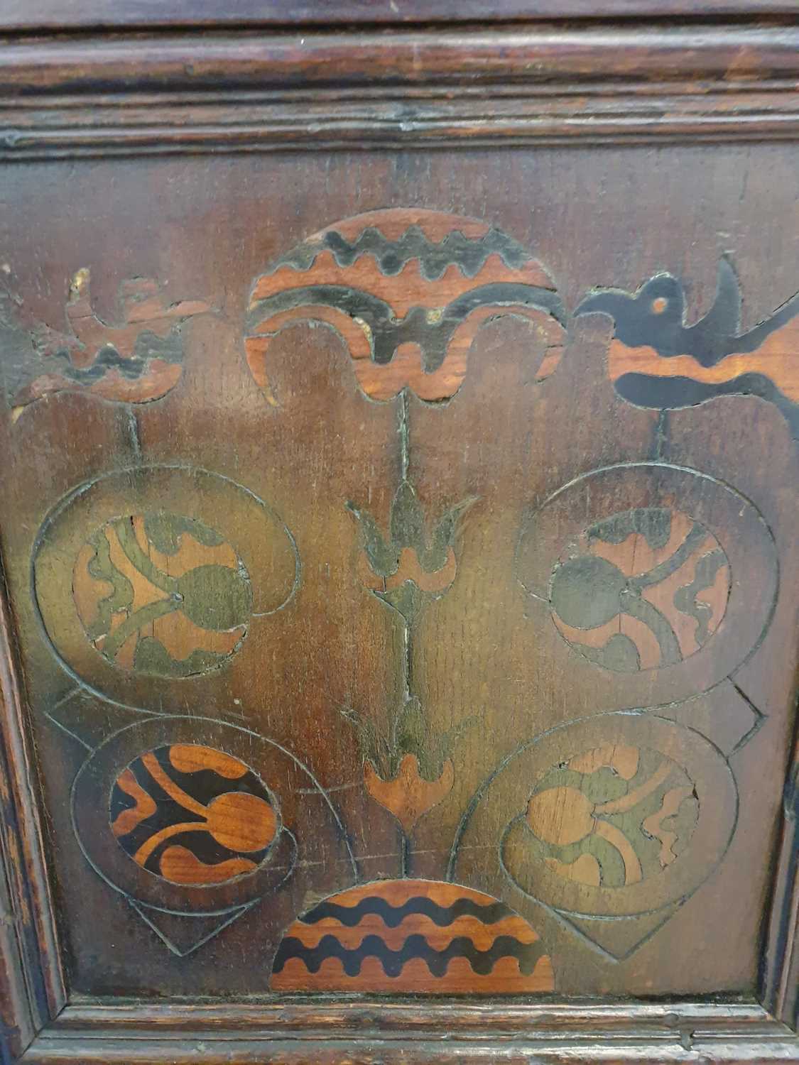 An 18th-century oak linen chest/coffer, the front with marquetry inlay and carved decoration with - Image 13 of 29