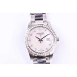A Longines ladies stainless steel wristwatch, the circular mother-of-pearl dial with diamond