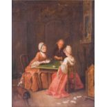 Circle of Nicolas Bernard Lépicié (1735-1784), three figures seated and playing cards, a dog to