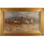 Enrico Coleman (Italian 1846-1911), a horse tamer leading his team, watercolour, signed E Coleman,