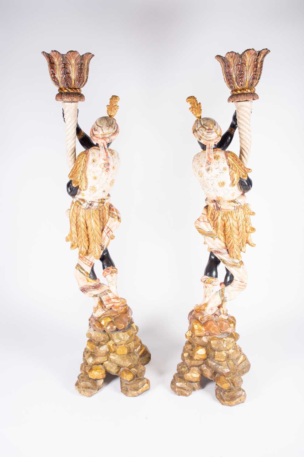 A pair of large 20th century blackamoors, wood carved with bright polychrome decoration, each - Image 2 of 5