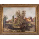 20th century Continental school, a river view with buildings and figures to the background, oil on