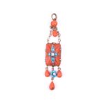 A late 19th / early 20th century 9ct yellow gold, coral, and turquoise pendant, set with a