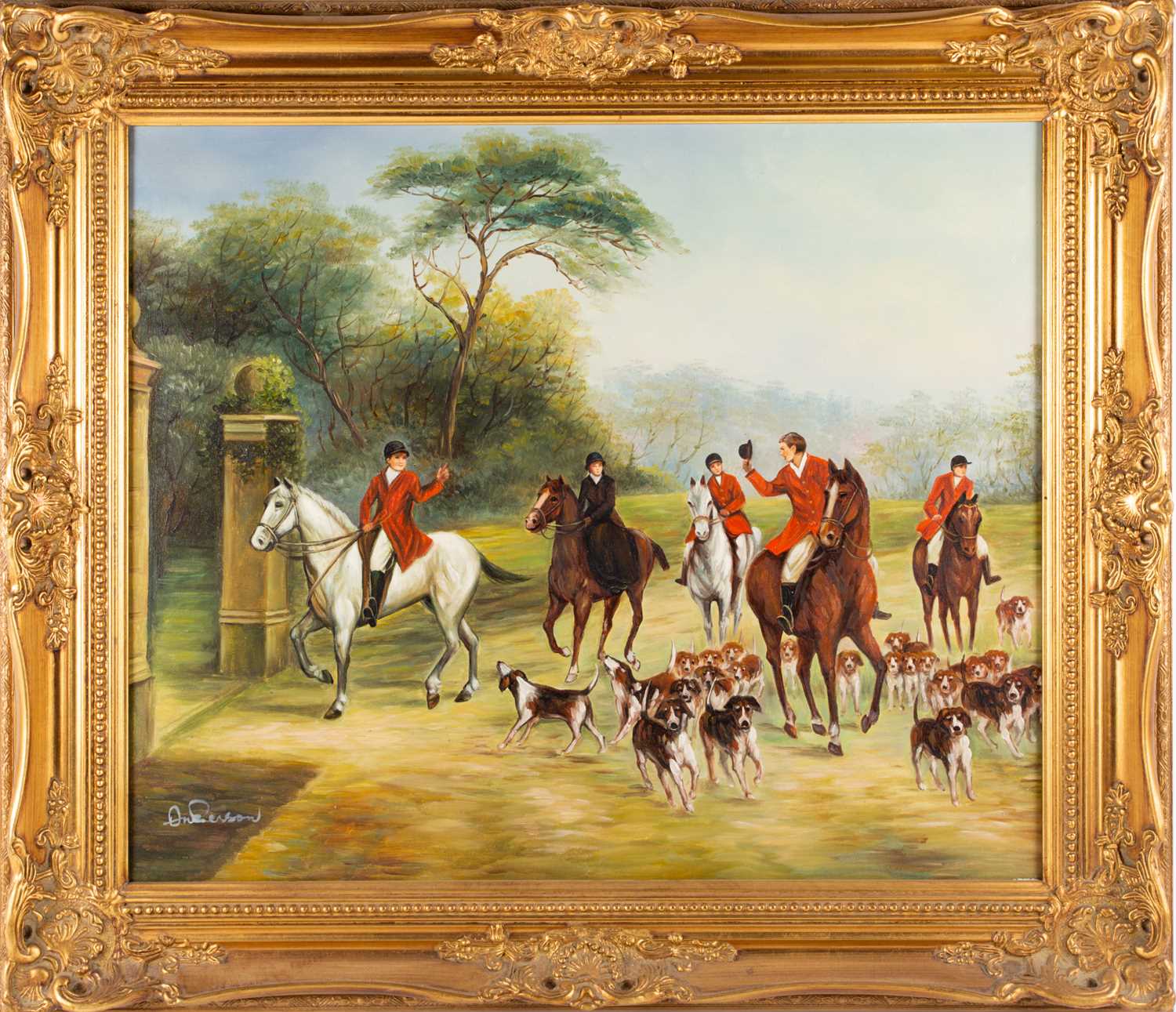 20th century school, a hunting scene, oil on canvas, indisitinctly signed, 49 cm x 59 cm in a gilt