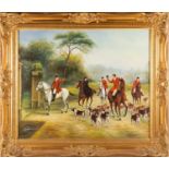 20th century school, a hunting scene, oil on canvas, indisitinctly signed, 49 cm x 59 cm in a gilt
