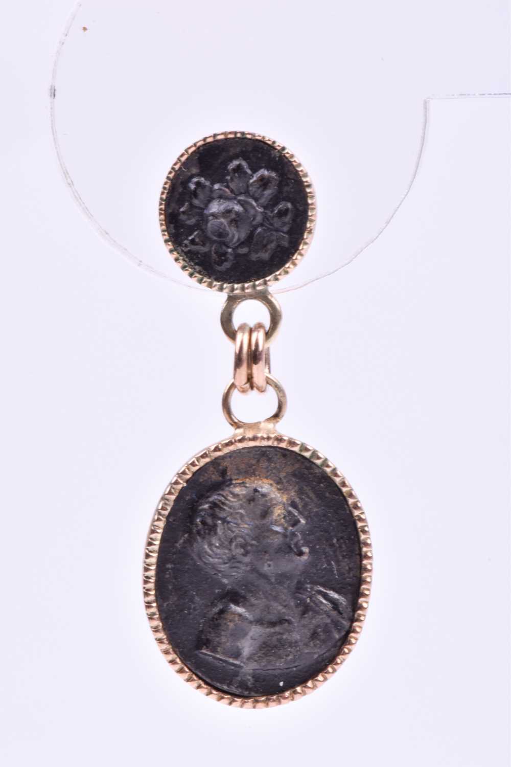 A pair of yellow metal cameo drop earrings, each set with an oval metallic cameo depicting a - Image 2 of 5