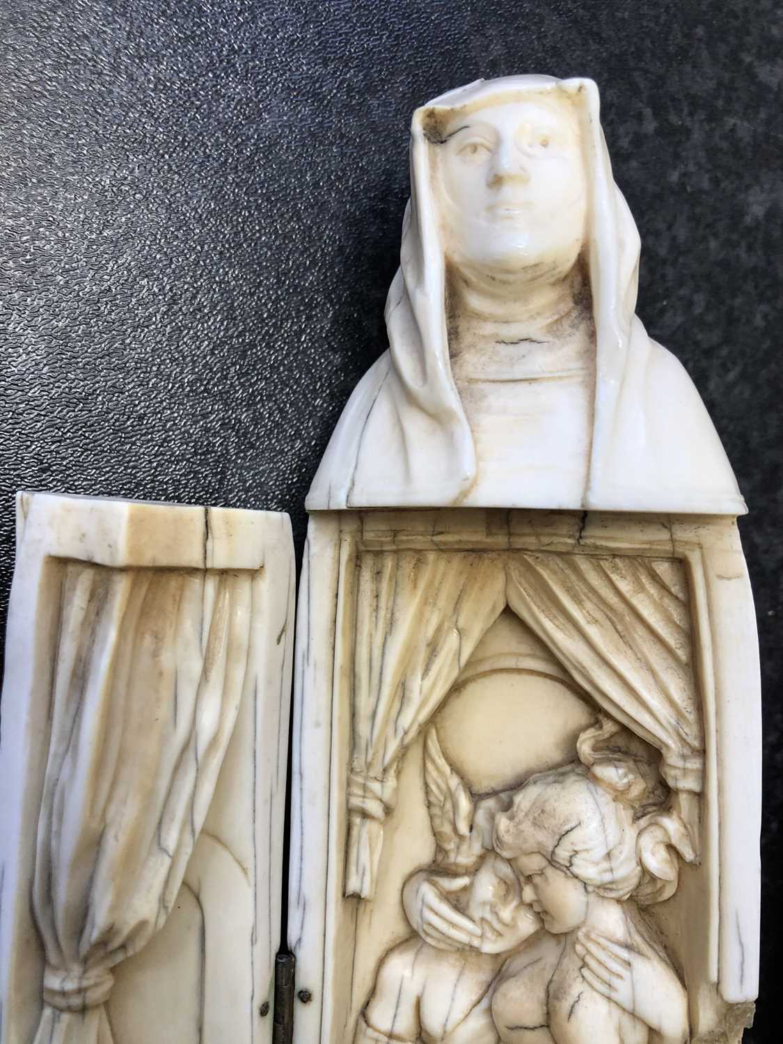 A 19th century Dieppe ivory carved triptych figure of a nun, her robes opening to reveal Classical - Image 11 of 12