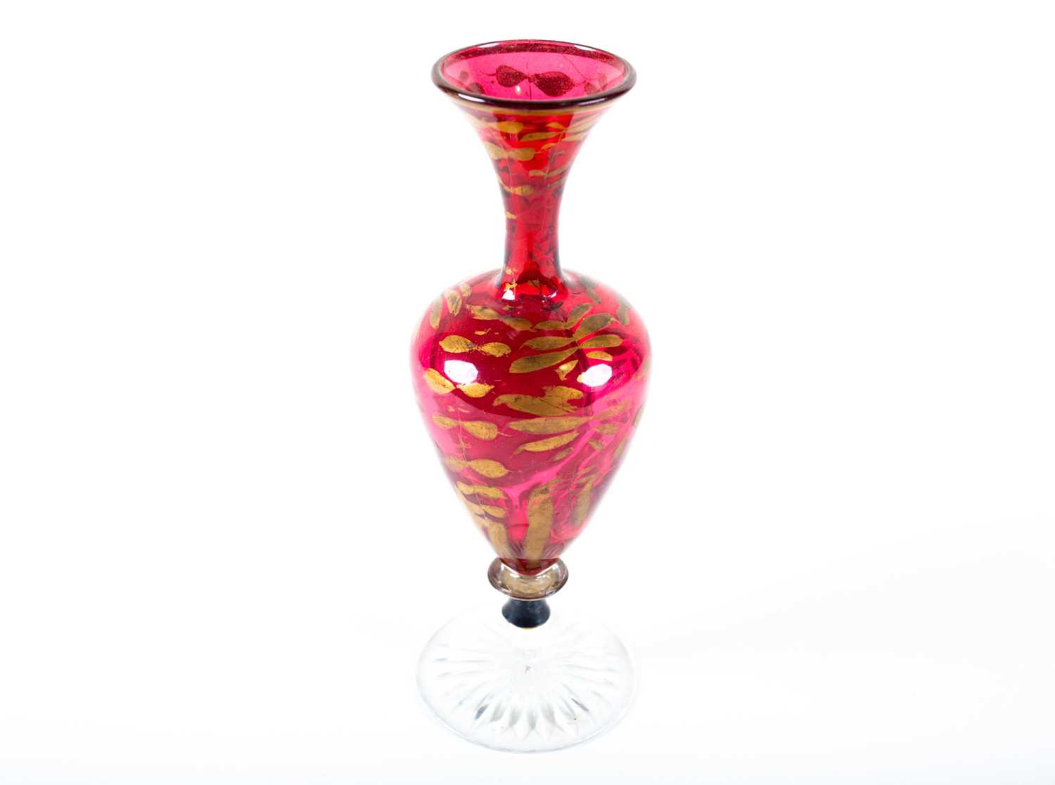 A 19th century Bohemian ruby and clear glass pedestal spill vase, with a hand painted portrait to - Image 2 of 2