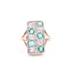 An 18ct yellow gold, diamond, and emerald plaque ring, the rectangular mount inset with round-cut