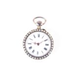 A silver gilt, enamel, and pearl ladies fob watch, with red guilloche case (a/f), and a border of
