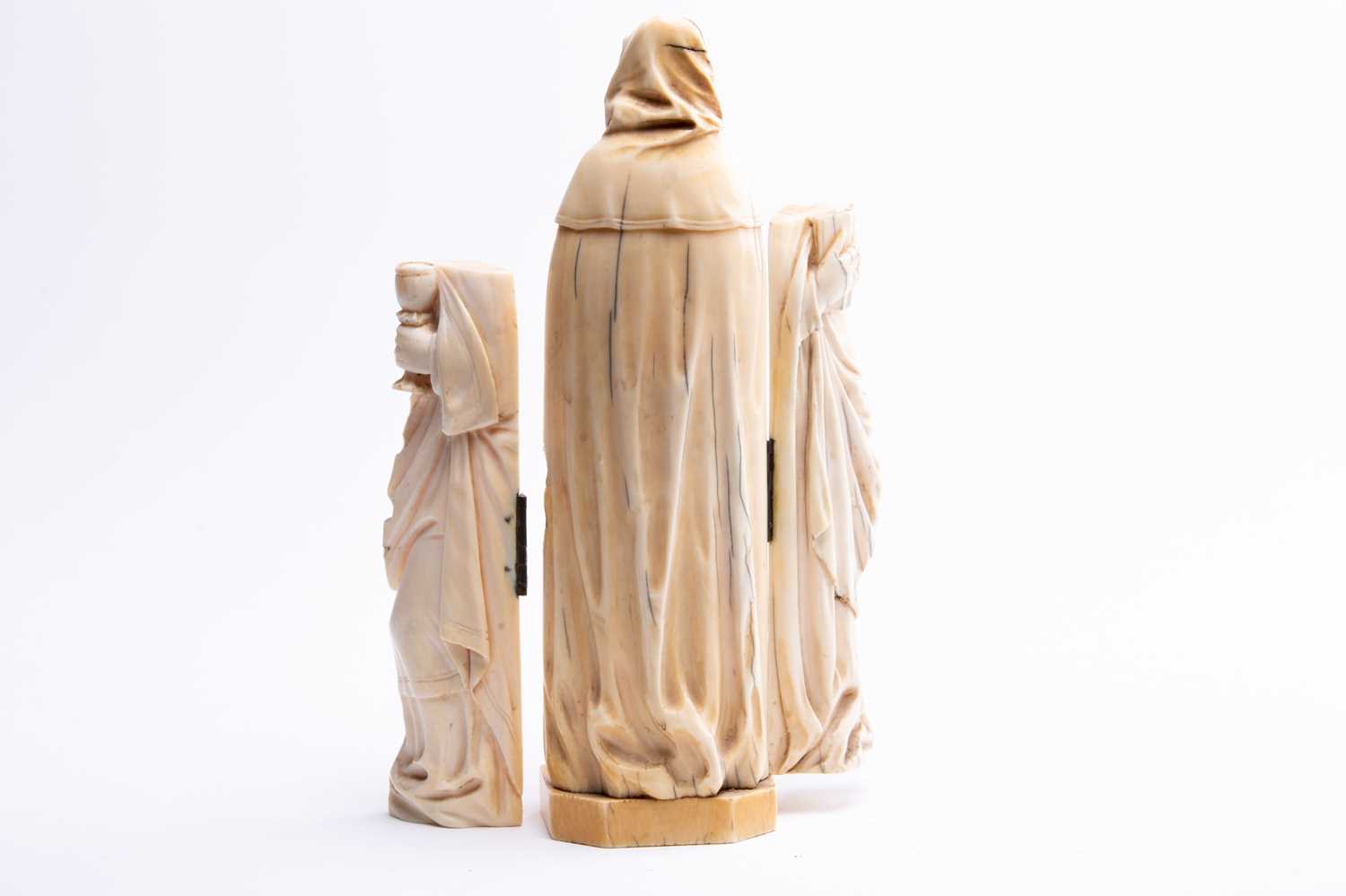 A 19th century Dieppe ivory carved triptych figure of a nun, her robes opening to reveal Classical - Image 3 of 12