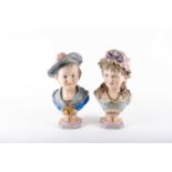 PAIR OF AWF KIRSTER, MOLLER GERMAN BISQUE PORCELAIN BUSTS, Designed by Reinhard Moller, painted in
