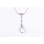 A diamond and pearl drop pendant necklace, the diamond set mount suspended with a natural