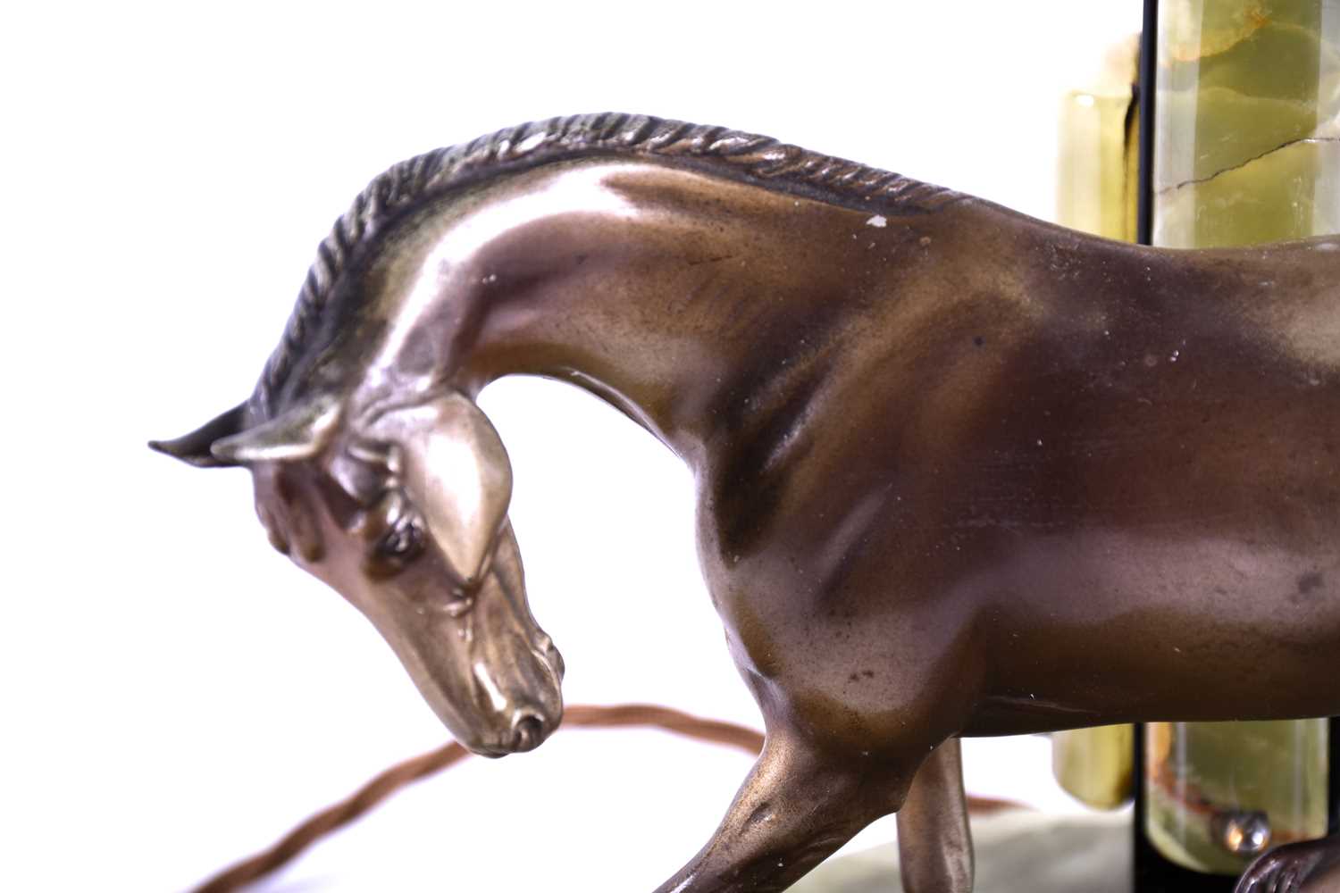 An Art Deco style equestrian-themed table lamp, modelled with a spelter mare and foal on a green - Image 3 of 4