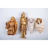 Four Japanese ivory netsukes, Meiji/Taisho, carved as an emaciated snarling man, partially dressed