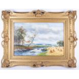J Hamilton Glass (1890-1925), 'Harvest Time', Dumfries, watercolour, 52cm x 34cm in a gilt frame.