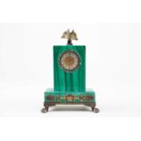 A miniature Russian malachite desk clock, with applied silver mounts, double eagle surmount, 88