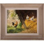 20th century French school, a rooster and two hens in a farmyard, oil on canvas, indistinctly