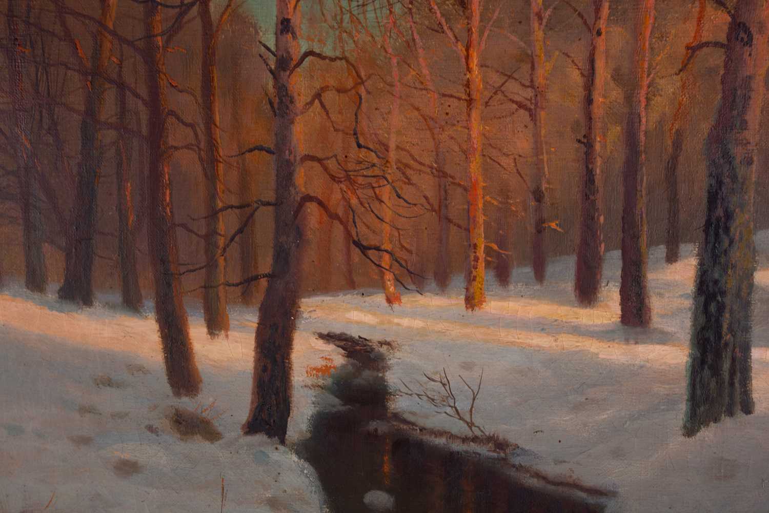 A late 19th / early 20th-century winter woodland scene, possibly Russian school, oil on canvas, in - Image 3 of 3