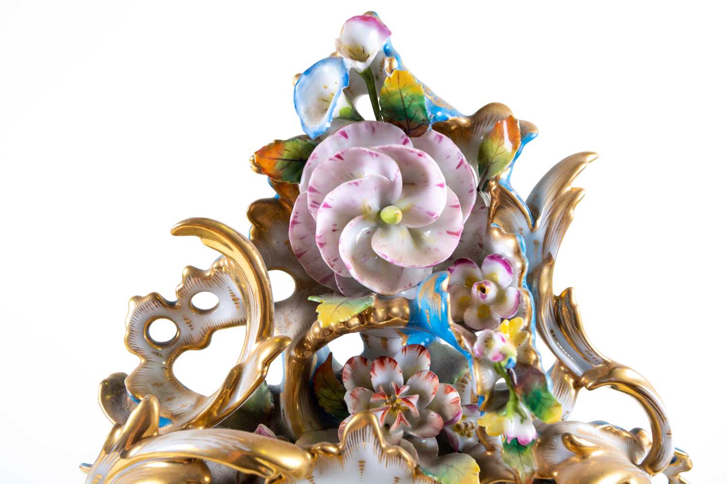 A 19th-century French porcelain chiming mantle clock on conforming stand, in the Sevres style with - Image 6 of 9