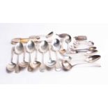 A mixed group of silver flatware, to include tablespoons, tongs, decanter labels and others, various