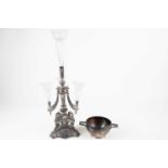 A 19th century metalware epergne / table centre with three etched glass holders surrounding a larger