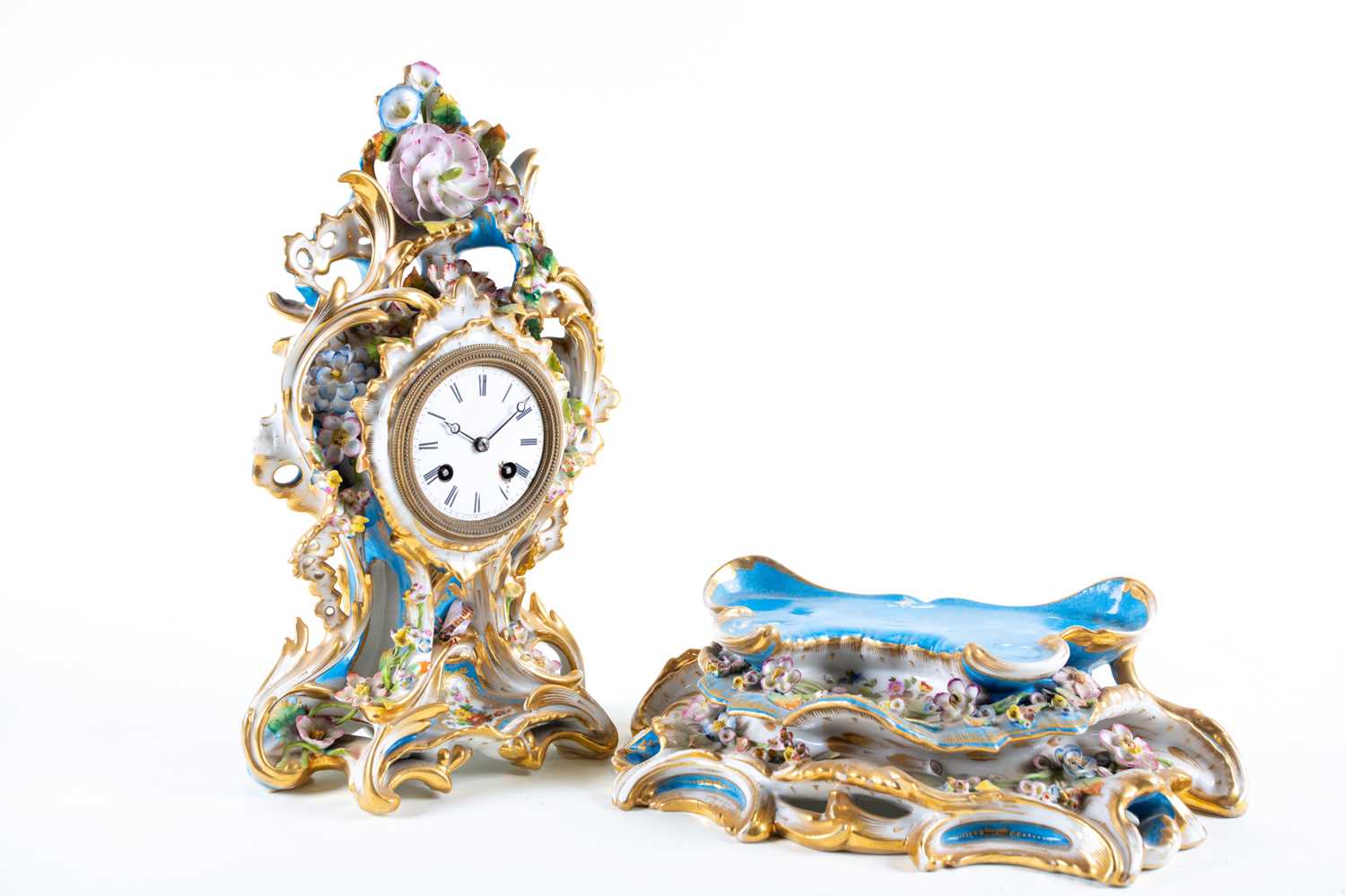 A 19th-century French porcelain chiming mantle clock on conforming stand, in the Sevres style with - Image 8 of 9