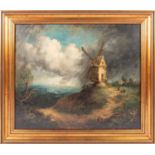 19th century English School, a stormy scene of a windmill on a hilltop with figures, an extensive