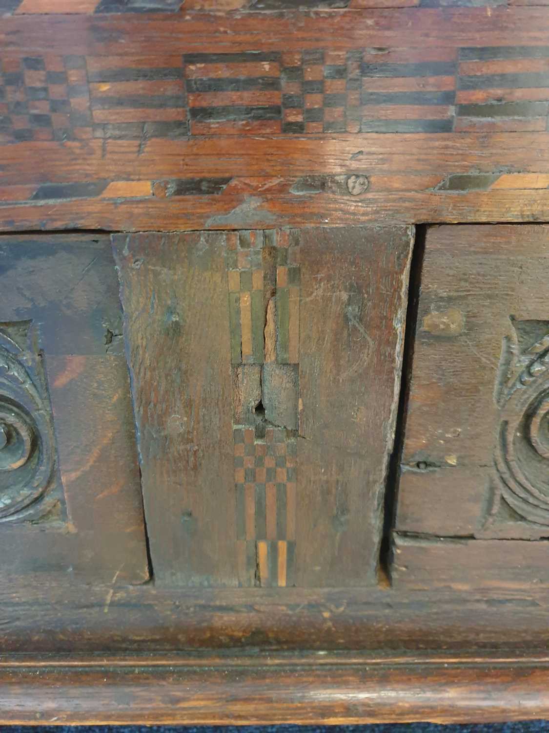 An 18th-century oak linen chest/coffer, the front with marquetry inlay and carved decoration with - Image 18 of 29