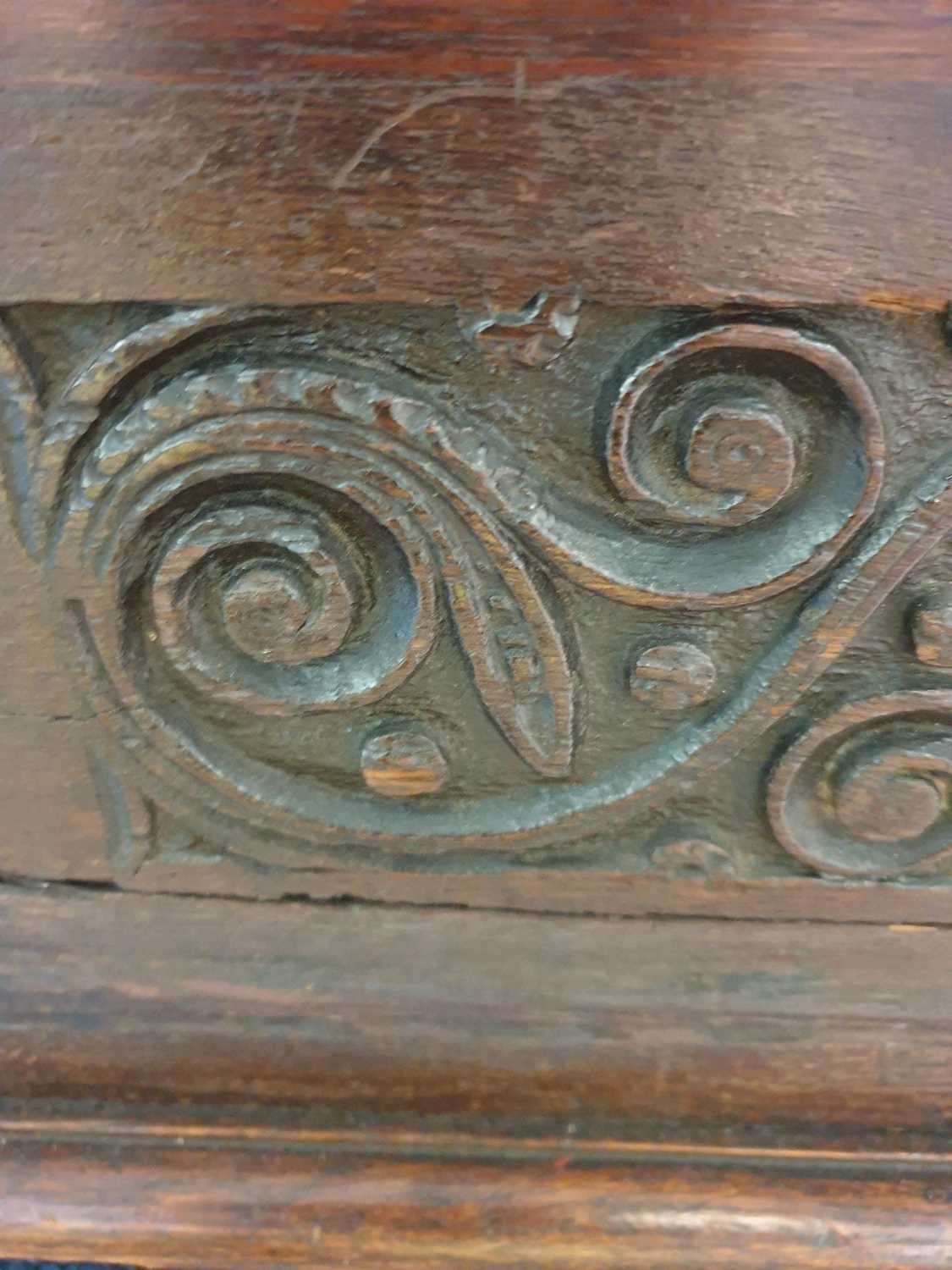 An 18th-century oak linen chest/coffer, the front with marquetry inlay and carved decoration with - Image 16 of 29