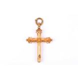 A 19th century yellow metal Cross pendant, with cannetille decoration, the rounded cross of hollow