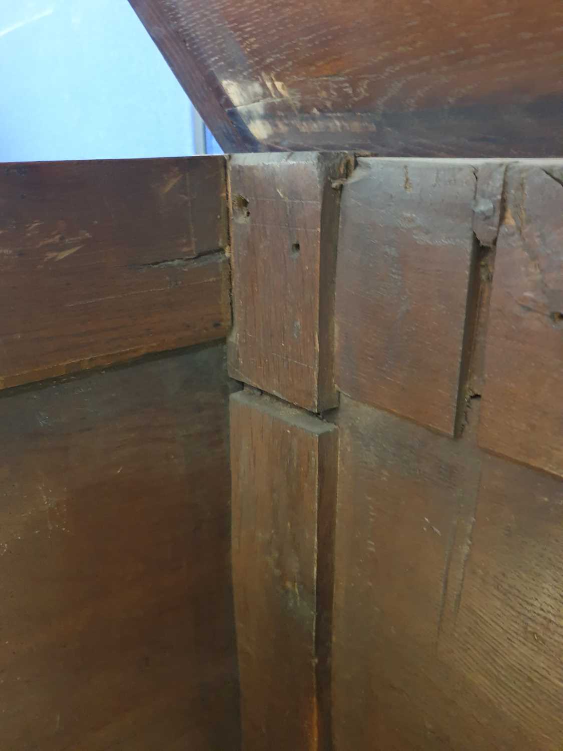 An 18th-century oak linen chest/coffer, the front with marquetry inlay and carved decoration with - Image 22 of 29