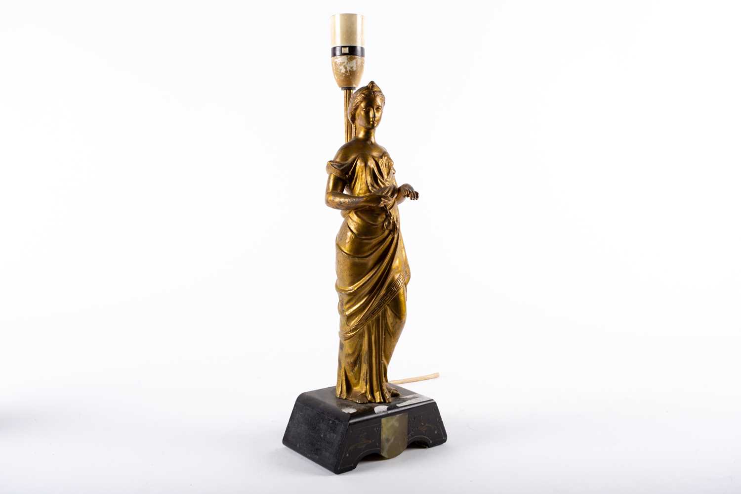 A Victorian gilt-bronzed table lamp, modelled in the form of a classical maiden in long sweeping - Image 3 of 4