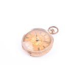 A 14ct yellow gold cased fob watch, the case with engraved decoration, with gilt Roman numeral dial,