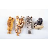 Four Japanese ivory netsuke, Meiji/Taisho, comprising a stained smiling figure holding a scroll,